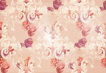 Vintage rose flowers and baroque ornaments pattern Vector. Grunge old paper texture background