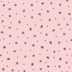 Repeated crown, stars, butterflies and polka dot. Cute girly seamless pattern drawn by hand. Sketch, doodle, scribble.