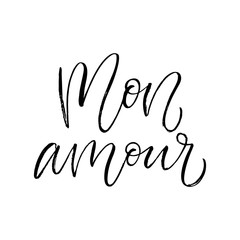 Fototapeta na wymiar Mon amour - my love in french - modern brush calligraphy. Isolated on white background.