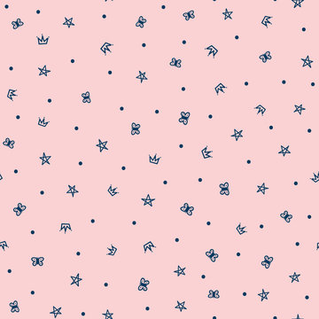 Repeated crown, stars, butterflies and polka dot. Cute girly seamless pattern drawn by hand. Sketch, doodle, scribble.
