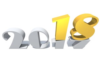 2018 white and yellow gold abstract happy new year eve, holiday symbol or number on 2017 text, white snow isolated background. Time celebration season change or future metaphor to hope 3d illustration