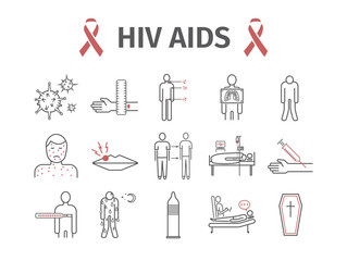 HIV AIDS Symptoms, Treatment. Line icons set. Vector illustration