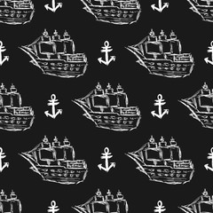 Outline of old sailing ship and anchor. Marine seamless pattern. Drawn by hand. Sketch, doodle, grunge.
