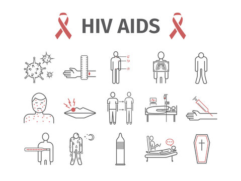 HIV AIDS Symptoms, Treatment. Line icons set. Vector illustration