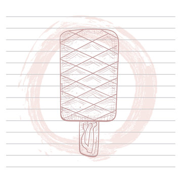 Doodle ice cream. Hand drawn vector illustration. Sketch style. Fresh popsicle with wafer on paper. 