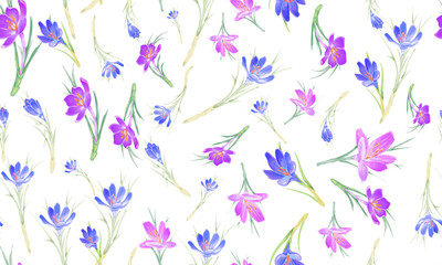 Fototapeta na wymiar Floral seamless pattern with violet and blue crocus flowers. Vector design for cosmetics, fabric, wrapping and greeting card.
