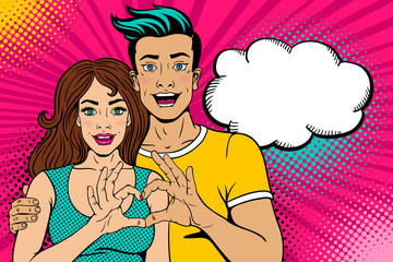 Wow love couple. Happy young man sexy woman with open mouth show heart sign by their hands and empty speech bubble. Vector bright background in retro pop art comic style. Valentines day party poster. - 189344002