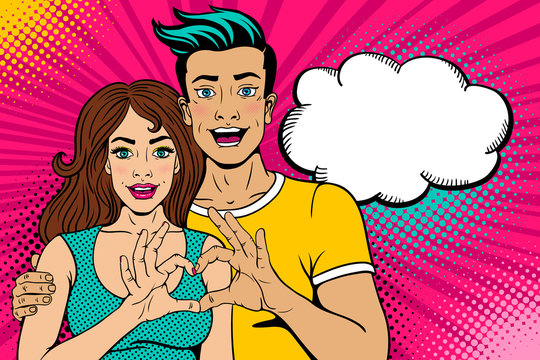 Wow love couple. Happy young man sexy woman with open mouth show heart sign by their hands and empty speech bubble. Vector bright background in retro pop art comic style. Valentines day party poster.
