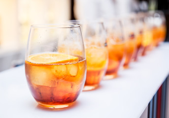 Glass of alcohol cocktail. Banquet service.