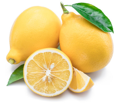 Lemon fruits and lemon slices on white background.
