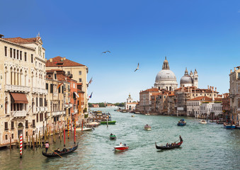 Obraz na płótnie Canvas Venice, the Grand canal, the Cathedral of Santa Maria della Salute and gondolas with tourists