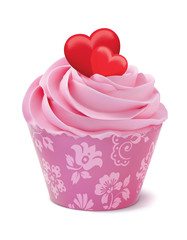 Cupcake or muffin decorated with hearts. Isolated on white realistic 3d illustration.