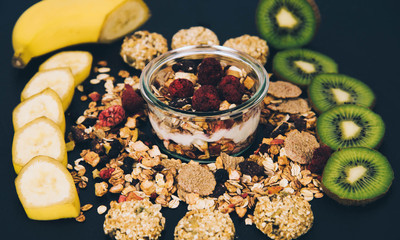 Healthy breakfast fresh granola muesli.