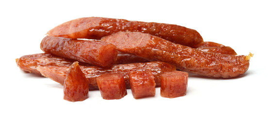 Smoked sausages on white background