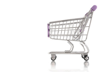 Isolated shopping cart against a white background. Commerce concept. Empty copy space for Editor's text.