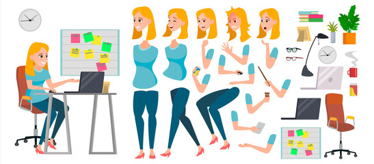 Business Woman Character Vector. Working Female Girl Boss. Start Up. Office. Girl Developer. Animation Set. Attractive Lady Programmer, Designer, Sales Person. Emotions. Cartoon Illustration