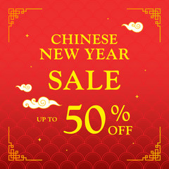 Fototapeta na wymiar Chinese New Year Sale vector illustration, Typography with clouds on traditional red pattern background