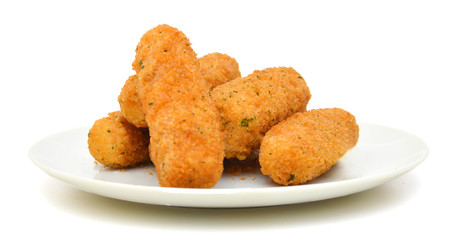 Mozzarella cheese sticks  on white plate on white background