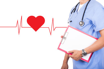 Doctor and files hold in hand with stethoscope on the chart file with heart pulse graphic.
