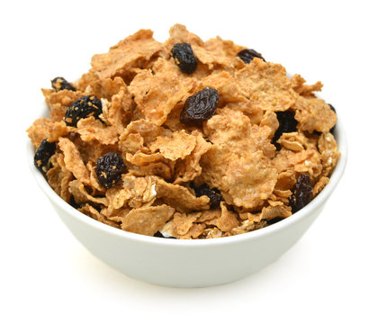 Bran And Raisin Cereal In A Bowl , Top View