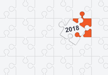 Piece of 2018 white Jigsaw puzzle background, Solutions and Teamwork concept