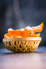 Close up of orange,Citrus aurantium juice on wooden surface.