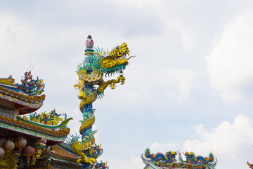 Chinese dragon statue on top of Chinese temple roof