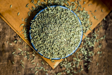 Close up of traditional mouth freshener's essential herb variyali,fennel or Foeniculum vulgare in a...