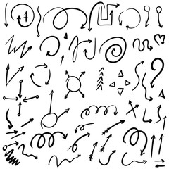 Arrow doodles vector. A set of simple sketches of arrows. Up, down, left, right ones. The effect of a pencil sketch isolated on white background.. Vector eps 10.