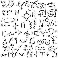 Arrow doodles vector. A set of simple sketches of arrows. Up, down, left, right ones. The effect of a pencil sketch isolated on white background.. Vector eps 10.