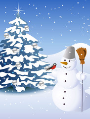 Snowman on the background of a Christmas tree