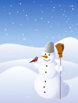 Snowman and bullfinch in winter