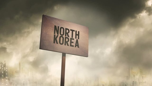 Ominous rusty sign against post apocalyptic city background - North Korea Typography