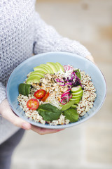 Healthy Quinoa Bulgur bowl with vegetables and chicken