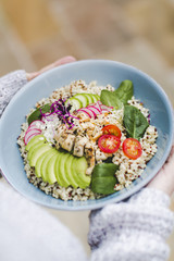 Healthy Quinoa Bulgur bowl with vegetables and chicken