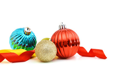 Colorful Christmas ball with ribbon on white