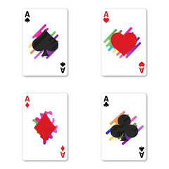 Set four aces for playing poker and casino. Ace of spades, diamonds, hearts and clubs. Modern design for deck of cards. Vector illustration.