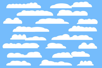 Cloud vector icon set white color on blue background. Sky flat illustration collection for web, art and app design. Different cloudscape weather symbols