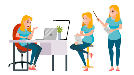 Business Woman Character Vector. Working Girl. Environment Process Creative Studio. Lifestyle Situations In Action. Girl Boss. Programming, Planning. Designer, Manager. Poses. Business Illustration