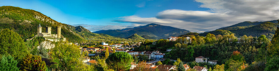 Panoramic view to old medieval castle and beautiful autumnal valley, sunset, Foix