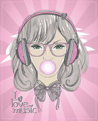 Young woman portrait with headphones, chewing gum