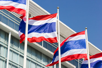 Thai flag with a commercial building background.
