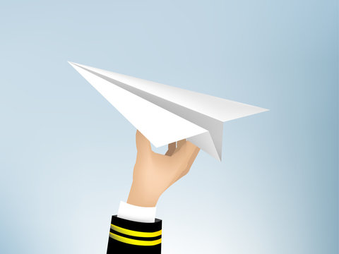 realistic illustration vector of pilot hand holding origami paper air plane in the sky, jet commercial airplane origami paper on blue sky background, airline concept travel planes