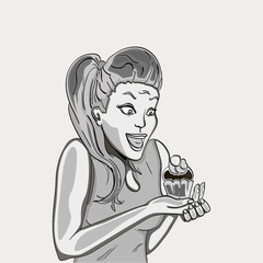 The retro girl is delighted with the cake. Holds in hands. Emotions of a woman. Vector. Shades of gray