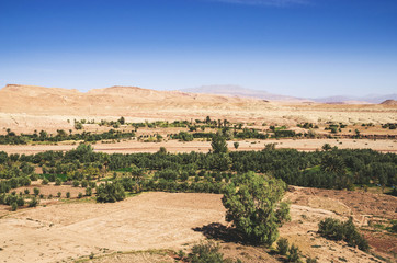 Fototapeta na wymiar Desert landscape with Atlas Mountains near Kasbah Ait Ben Haddou, Morocco