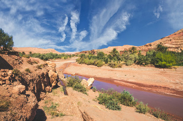 Desert landscape with Atlas Mountains near Kasbah Ait Ben Haddou, Morocco
