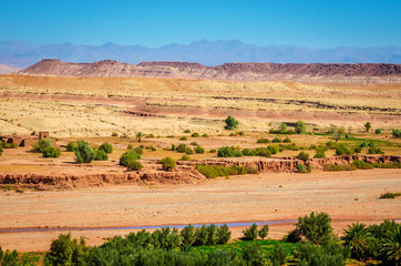 Desert landscape with Atlas Mountains near Kasbah Ait Ben Haddou, Morocco