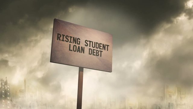 	Ominous rusty sign against post apocalyptic city background - Rising Student Loan Debt Typography