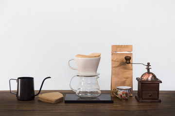 Collection coffee drip set on the wood table.
