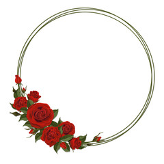 Wreath with red rose. Floral design decor for greeting or  wedding card. Round frame made of branches. Vector template.